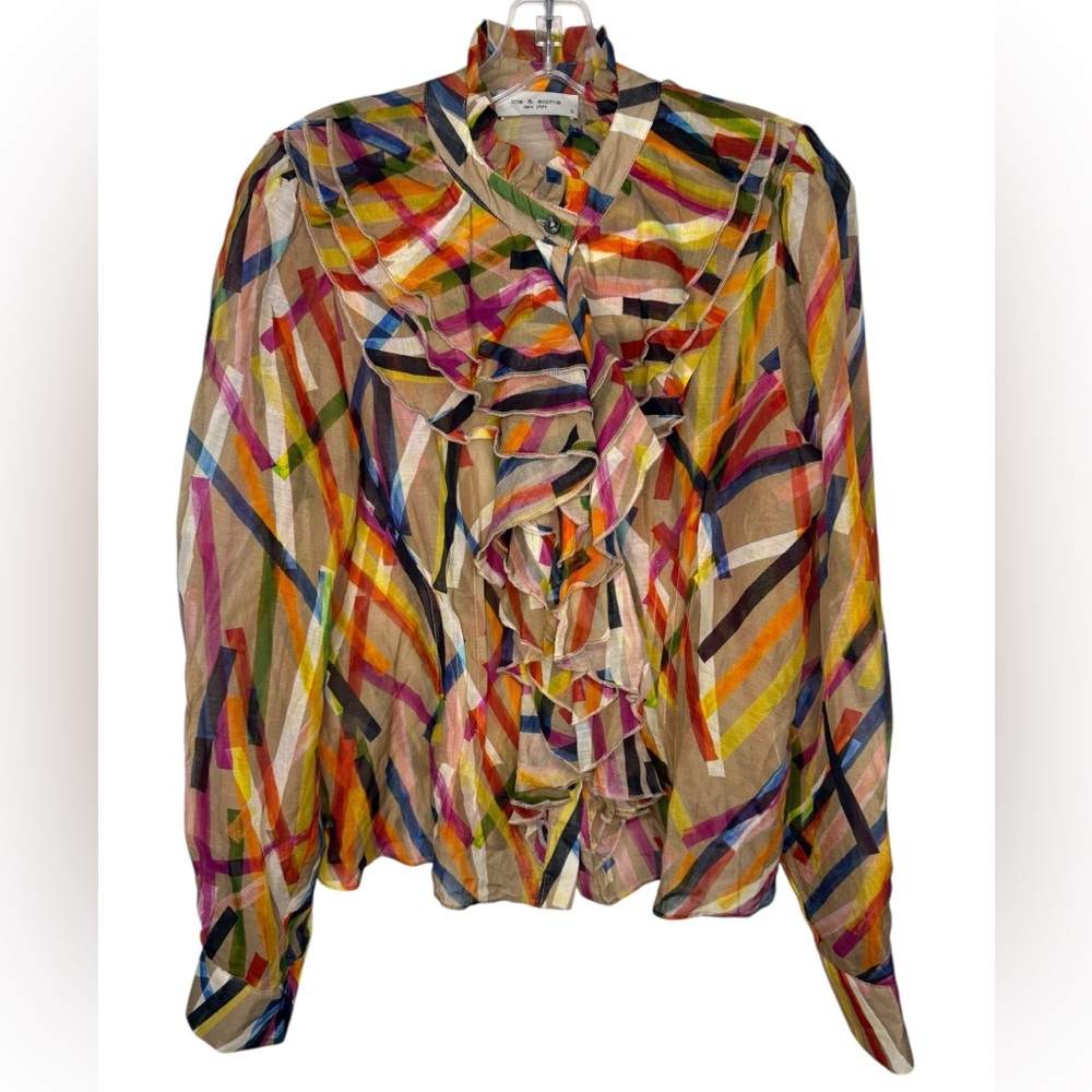 Lola & Sophie Ruffle Front Blouse Multicolor Brushstroke Print Size Small